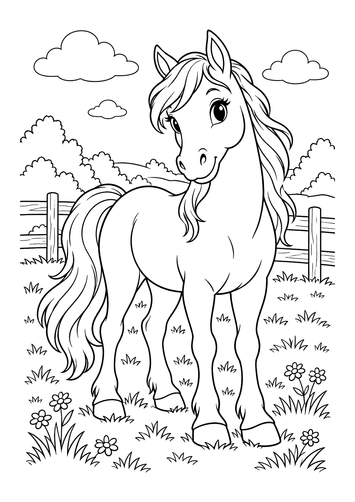Ausmalbild: Pferd mit langer Mähne auf einer Koppel mit Holzzaun, Gras, Blumen und Wolken