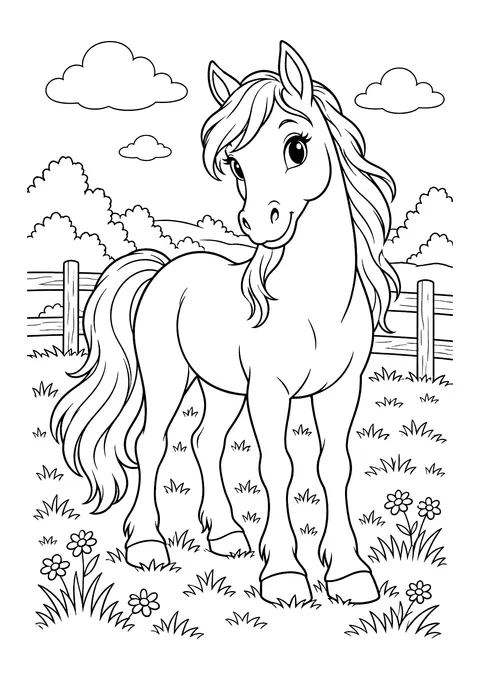 Ausmalbild: Pferd mit langer Mähne auf einer Koppel mit Holzzaun, Gras, Blumen und Wolken