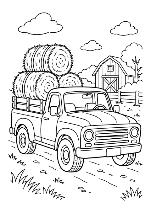 Ausmalbild: Pick-up mit runden Heuballen auf der Ladefläche vor einer Scheune mit Holzzaun, Baum und Wolken