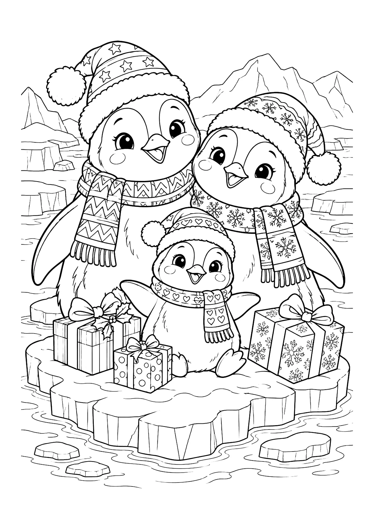 Ausmalbild: Drei Pinguine mit Weihnachtsmützen und Schals auf einer Eisscholle mit Geschenken vor Eisbergen