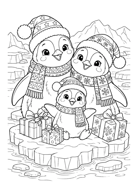 Ausmalbild: Drei Pinguine mit Weihnachtsmützen und Schals auf einer Eisscholle mit Geschenken vor Eisbergen
