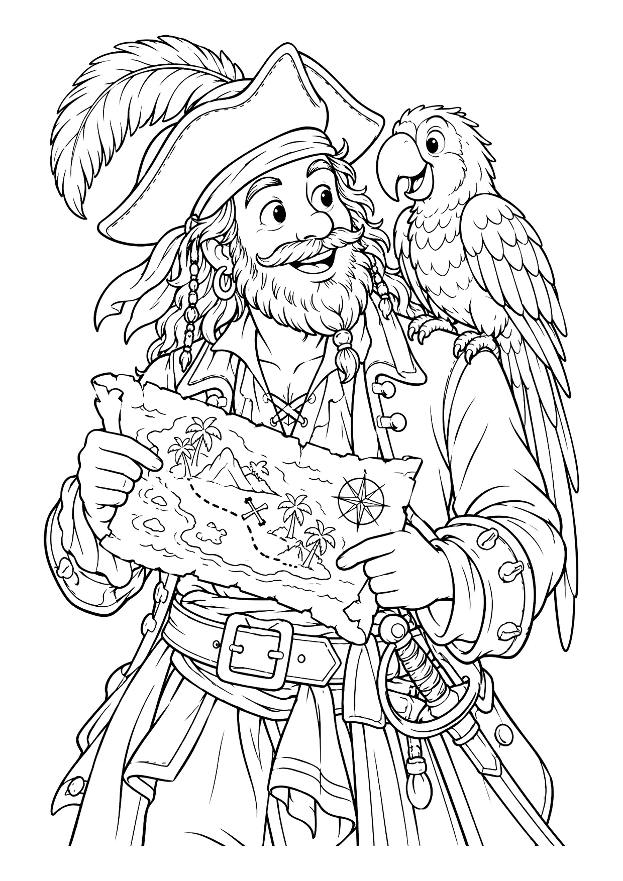 Ausmalbild: Pirat mit Federhut und Bart hält eine Schatzkarte, auf seiner Schulter sitzt ein großer Papagei.
