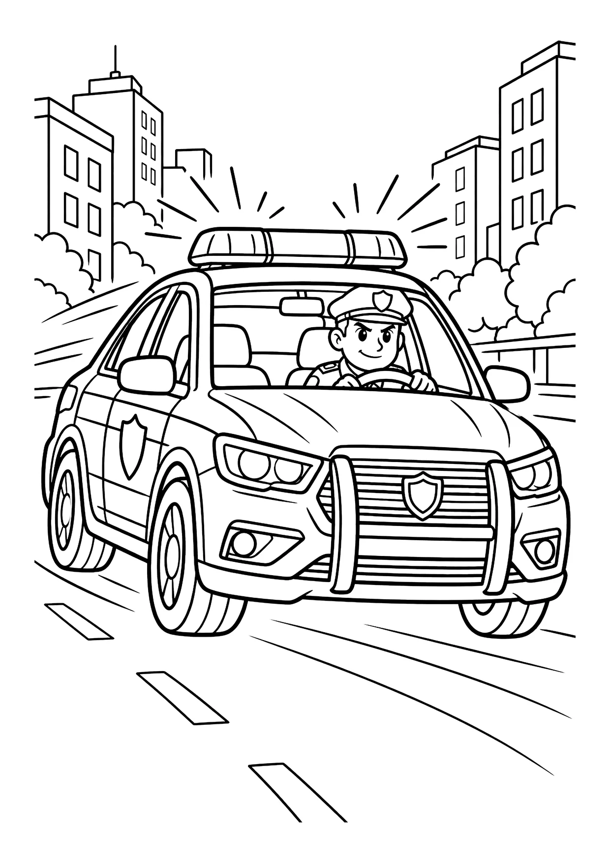 Ausmalbild: Polizeiauto mit Blaulicht und Polizist am Steuer fährt durch eine Stadt mit Hochhäusern.
