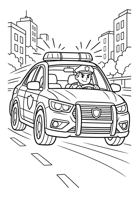 Ausmalbild: Polizeiauto mit Blaulicht und Polizist am Steuer fährt durch eine Stadt mit Hochhäusern.