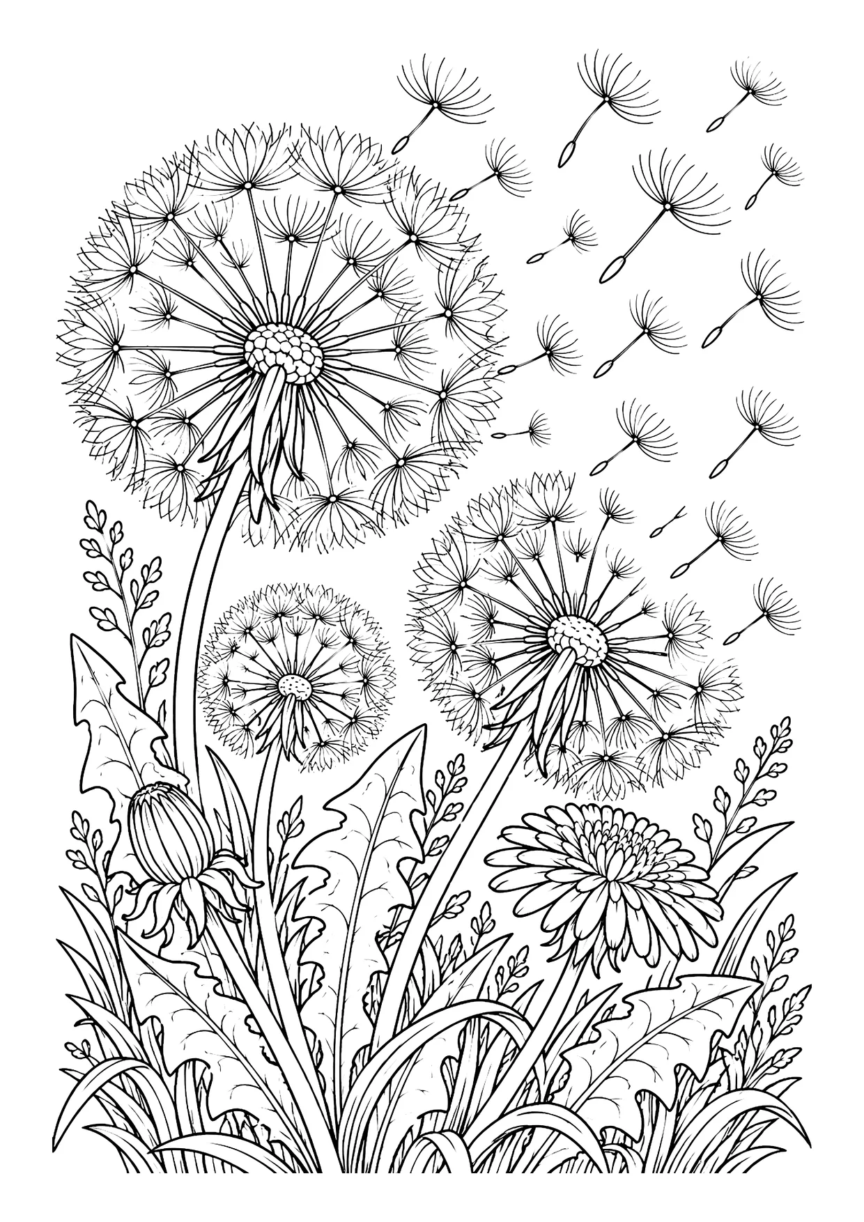 Ausmalbild: drei Pusteblumen mit davonfliegenden Samen, Löwenzahnblüte, Knospe, Blätter und Gras