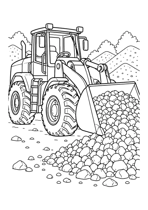 Ausmalbild: Radlader mit voller Steinschaufel vor Kieshaufen und Sandbergen auf einer Baustelle