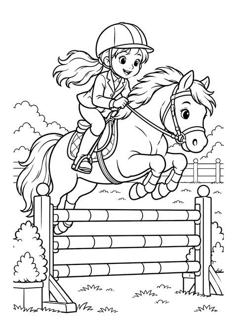Ausmalbild: Mädchen mit Reithelm springt auf einem Pony über ein Hindernis mit drei Stangen
