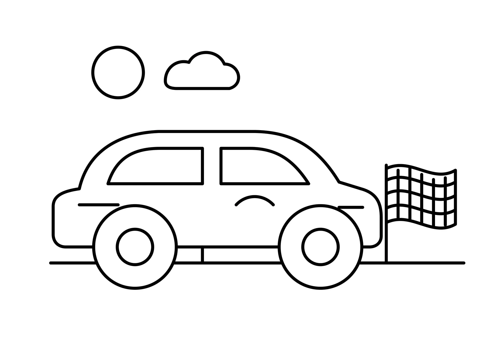 Ausmalbild: Rennauto in Seitenansicht mit zwei großen Rädern und einer karierten Zielflagge daneben
