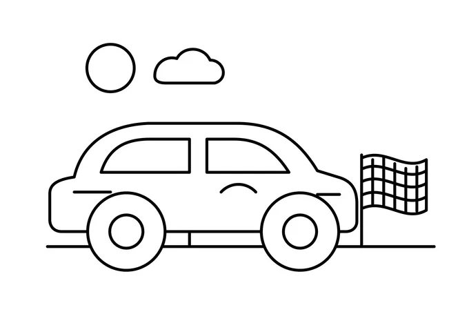 Ausmalbild: Rennauto in Seitenansicht mit zwei großen Rädern und einer karierten Zielflagge daneben