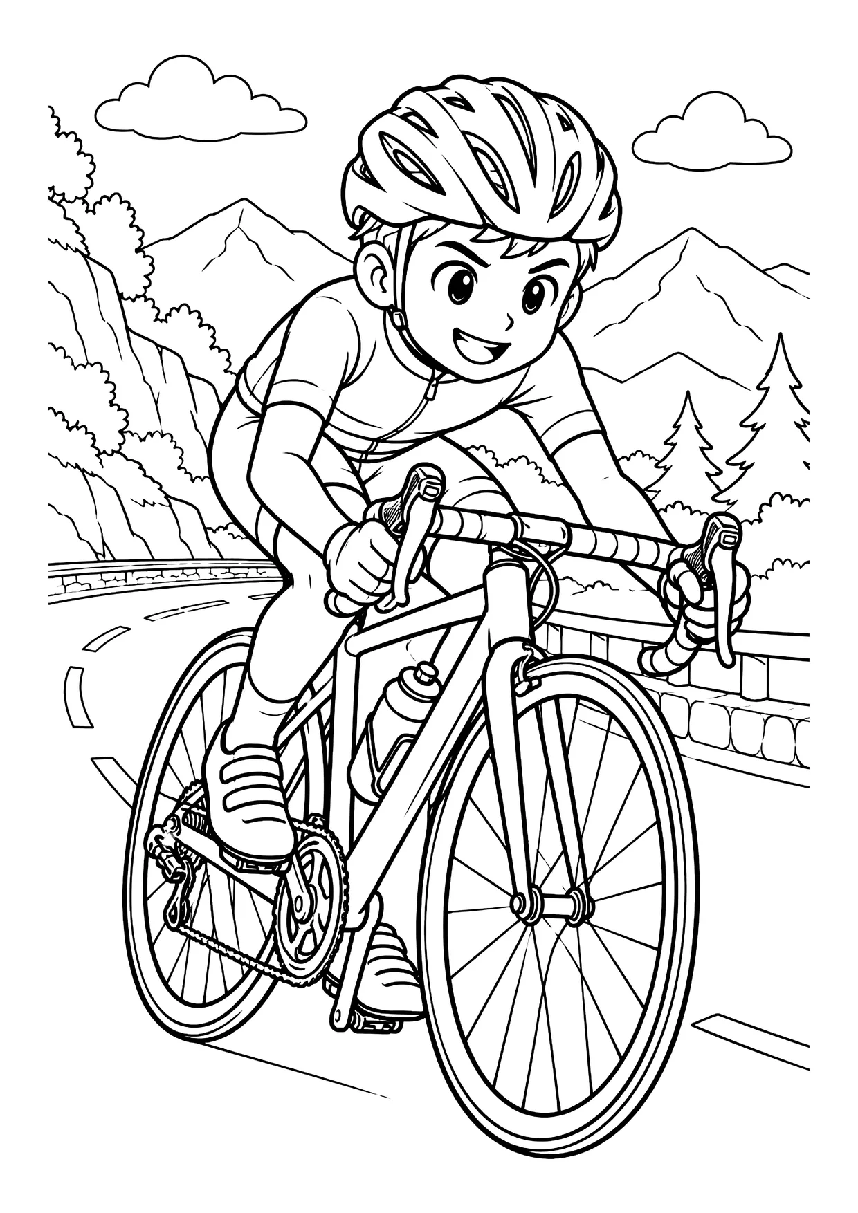 Ausmalbild: Rennradfahrer mit Helm auf kurviger Bergstraße mit Tannen und Bergen im Hintergrund