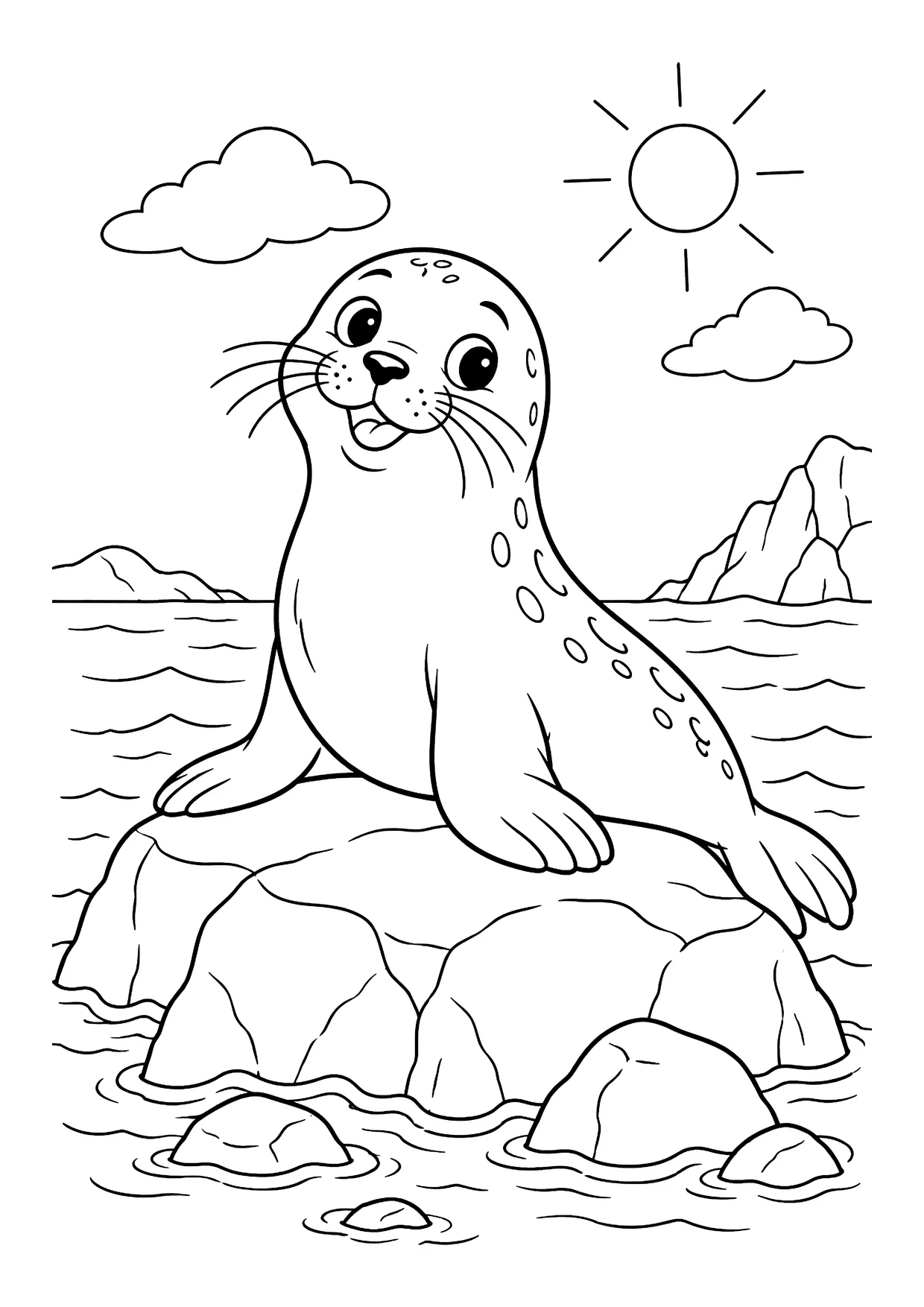 Ausmalbild: Robbe mit Flossen auf einem Felsen im Meer, dahinter Sonne, Wolken und Klippen