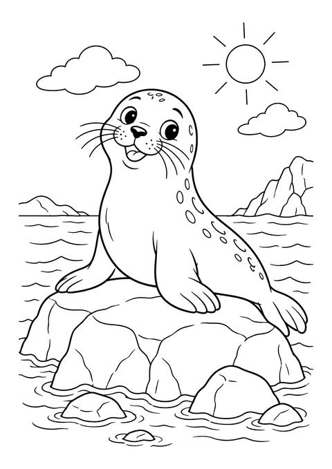 Ausmalbild: Robbe mit Flossen auf einem Felsen im Meer, dahinter Sonne, Wolken und Klippen