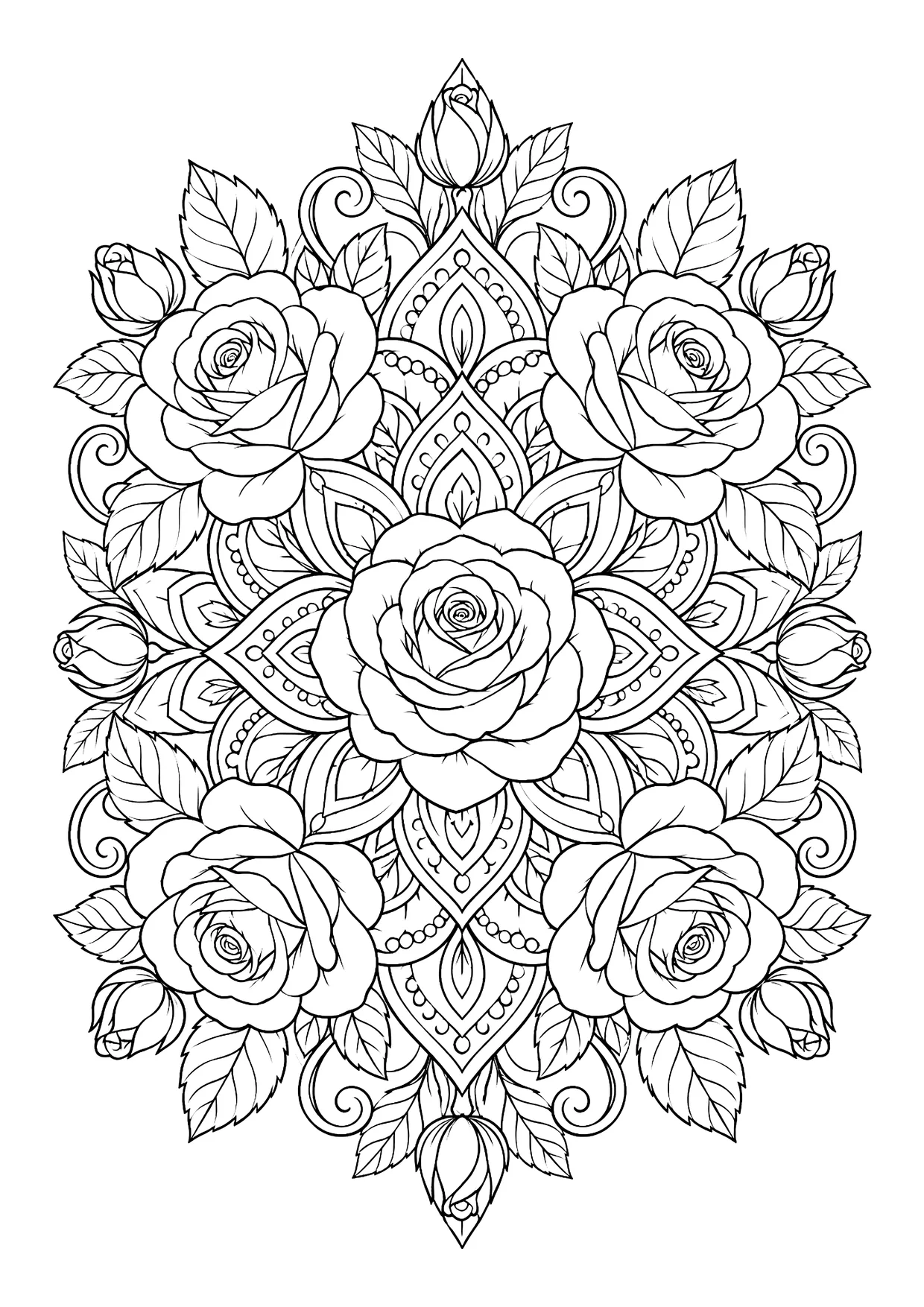 Ausmalbild: Mandala aus fünf großen Rosen, Knospen, Blättern und spitzen Ornamenten mit Punktreihen