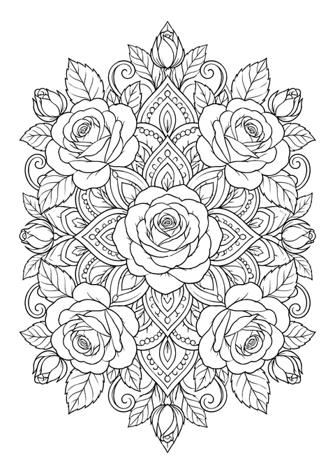 Ausmalbild: Mandala aus fünf großen Rosen, Knospen, Blättern und spitzen Ornamenten mit Punktreihen