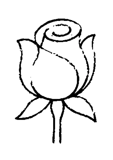 Ausmalbild: einfache Rosenknospe mit Stiel und Blättern