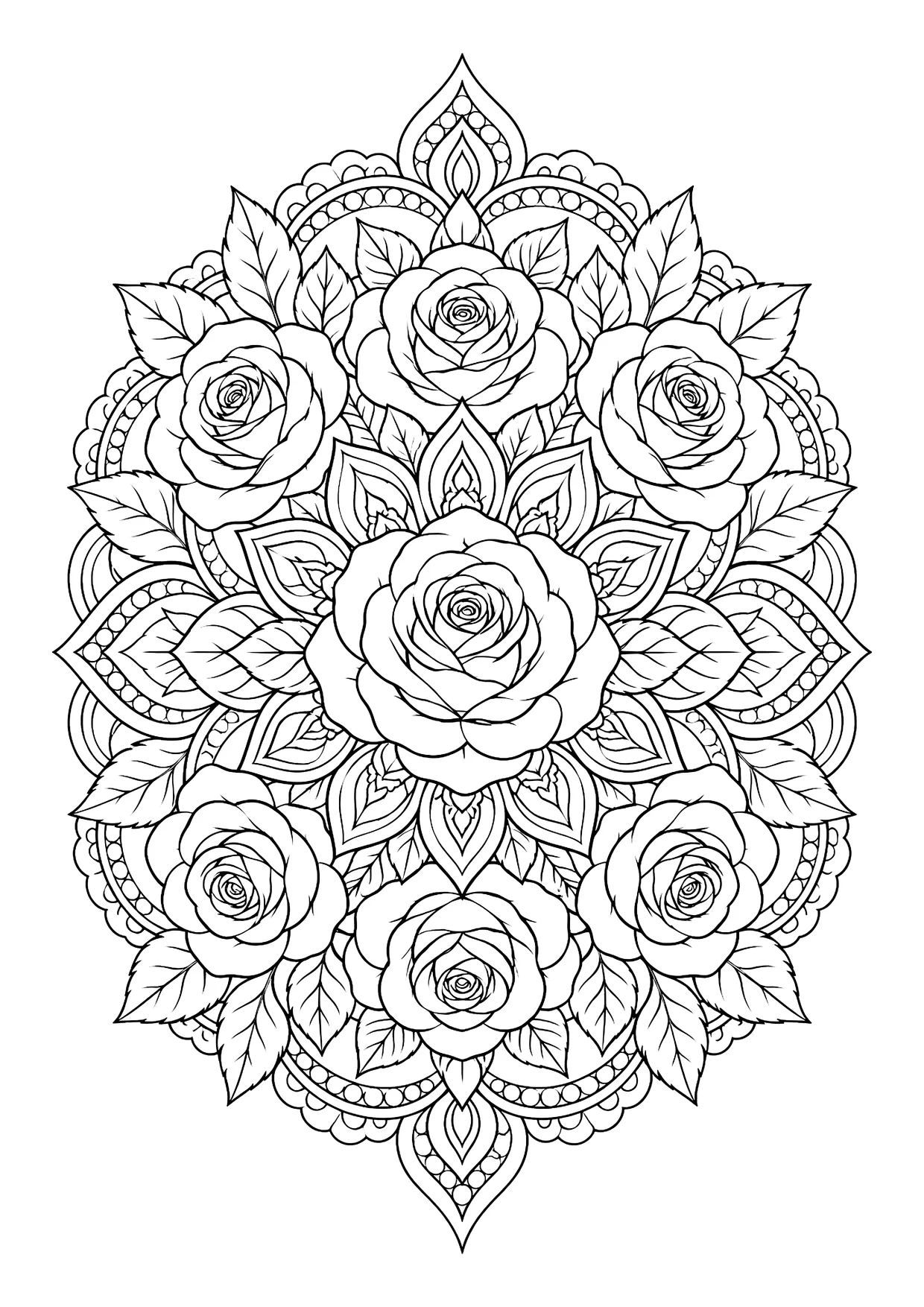 Ausmalbild: ovales Mandala mit sieben Rosen, Rosenblättern, Blütenspitzen und Punktbögen