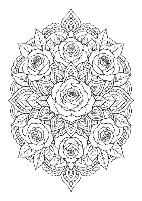 Ausmalbild: ovales Mandala mit sieben Rosen, Rosenblättern, Blütenspitzen und Punktbögen