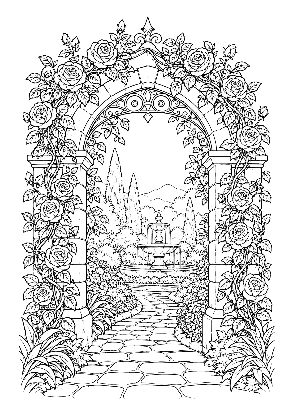 Ausmalbild: Steinbogen mit Kletterrosen, dahinter Pflasterweg, Springbrunnen, Zypressen und Berge