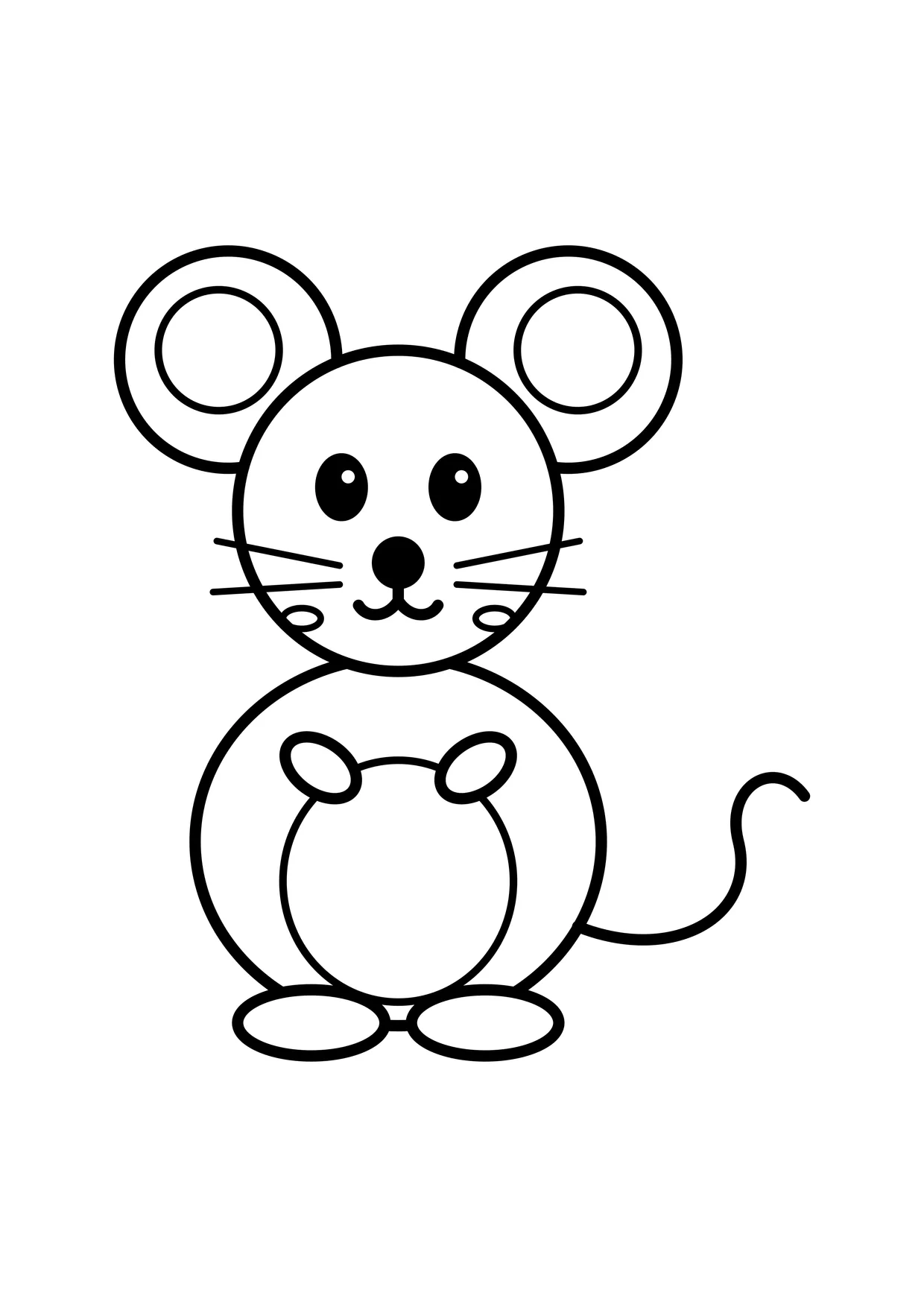 Ausmalbild: runde Maus mit großen Ohren und Schnurrhaaren