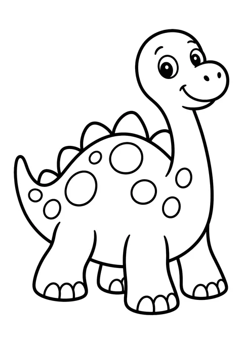 Ausmalbild: lächelnder Dinosaurier mit langem Hals, runden Punkten am Körper, Rückenplatten und dickem Schwanz