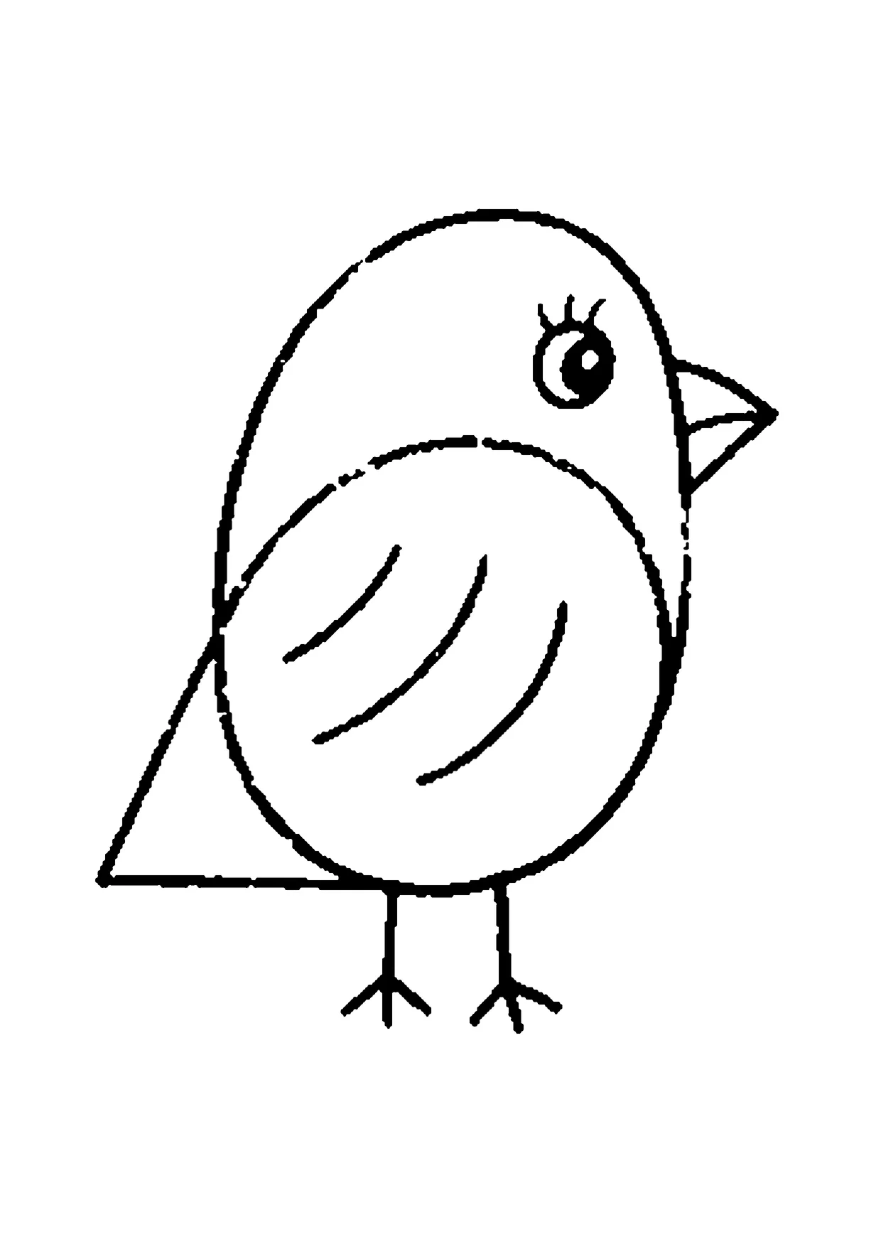 Ausmalbild: runder kleiner Vogel mit Auge, Schnabel und dünnen Beinen