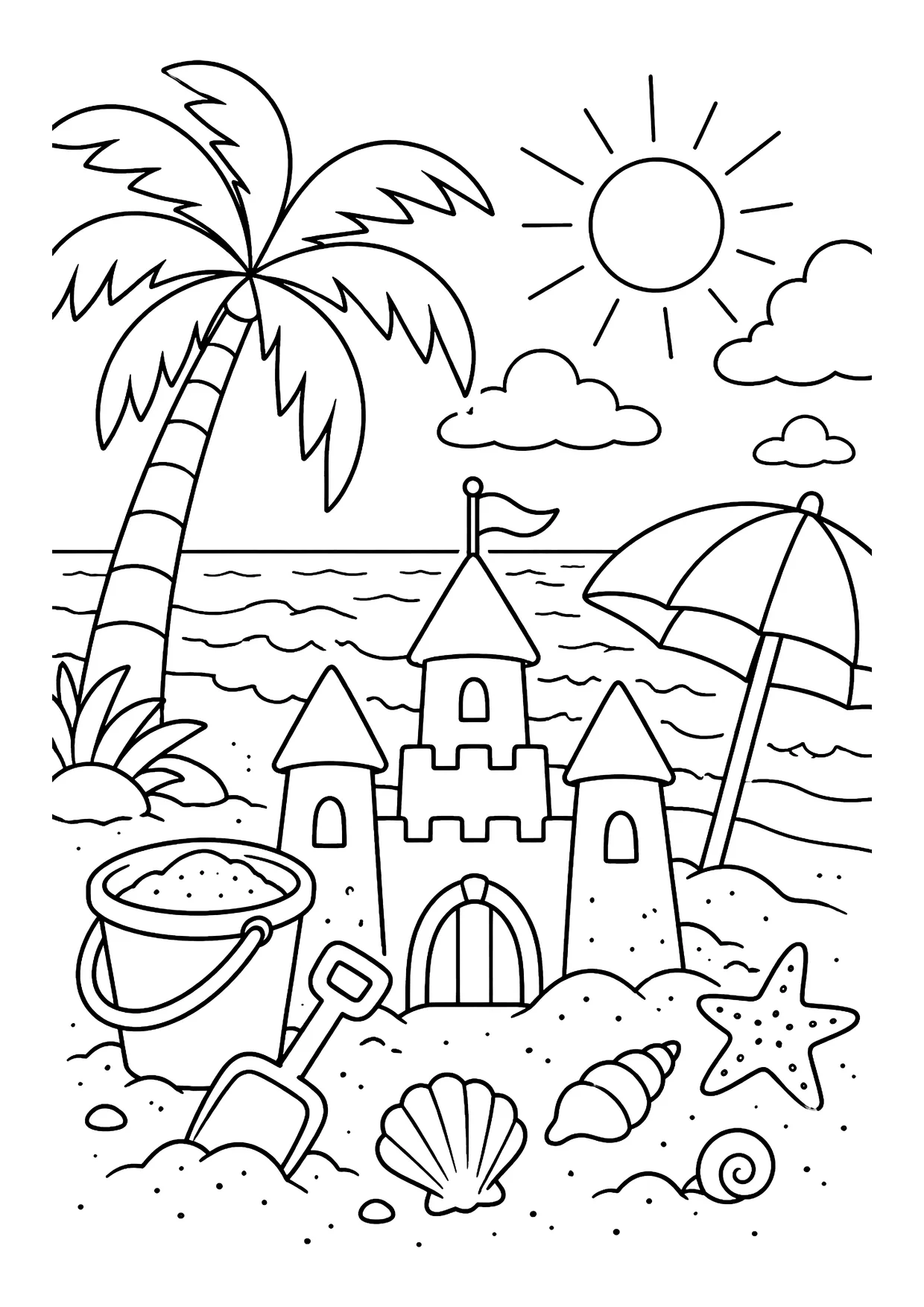 Ausmalbild: Sandburg mit Fahne am Meer, dazu Palme, Sonne, Sonnenschirm, Eimer, Schaufel, Muscheln und Seestern