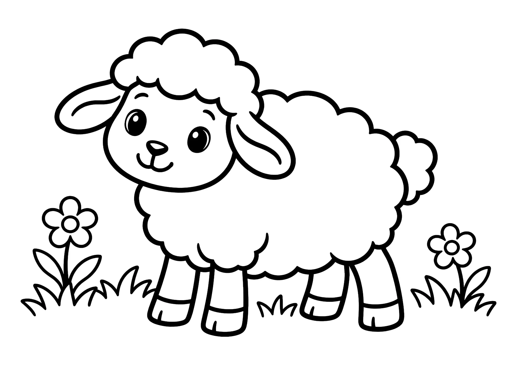 Ausmalbild: Lächelndes Schaf mit lockiger Wolle steht auf einer Wiese mit Gras und zwei Blumen.