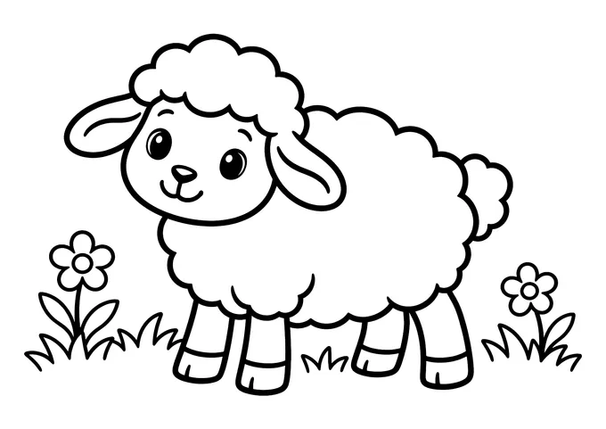 Ausmalbild: Lächelndes Schaf mit lockiger Wolle steht auf einer Wiese mit Gras und zwei Blumen.