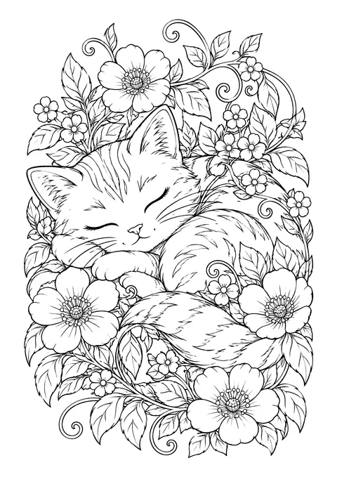Ausmalbild: schlafende Katze, umgeben von großen Blüten, Blättern und geschwungenen Ranken