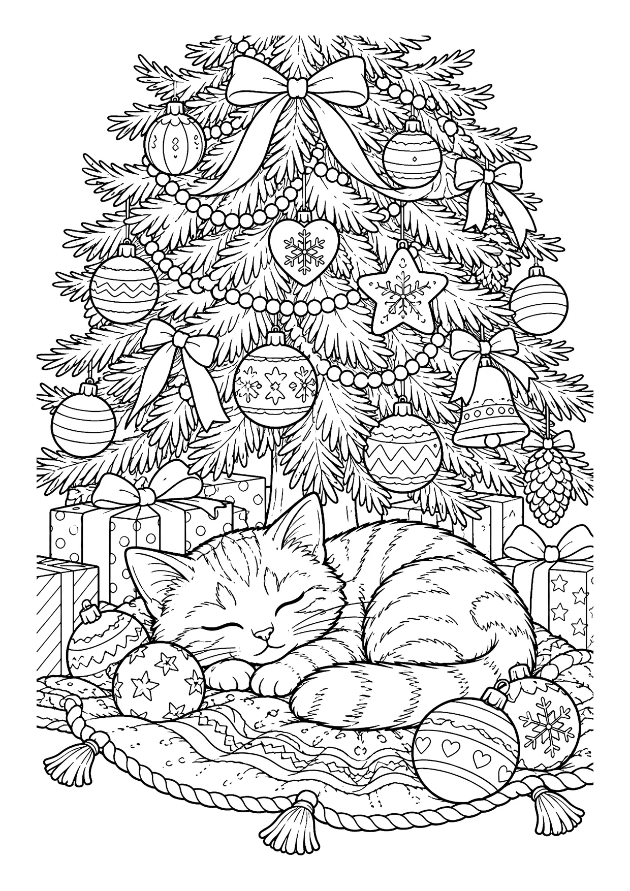 Ausmalbild: Schlafende Katze auf einem Teppich unter einem geschmückten Weihnachtsbaum mit Kugeln, Schleifen und Geschenken
