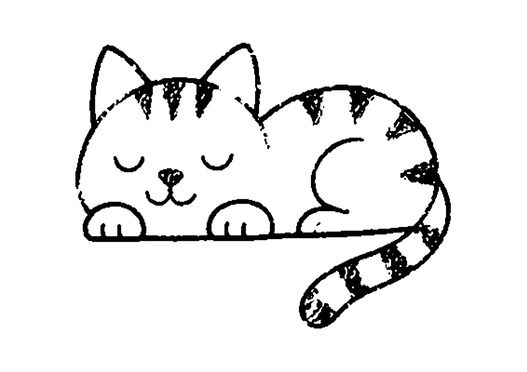 Ausmalbild: schlafende getigerte Katze mit langem Schwanz
