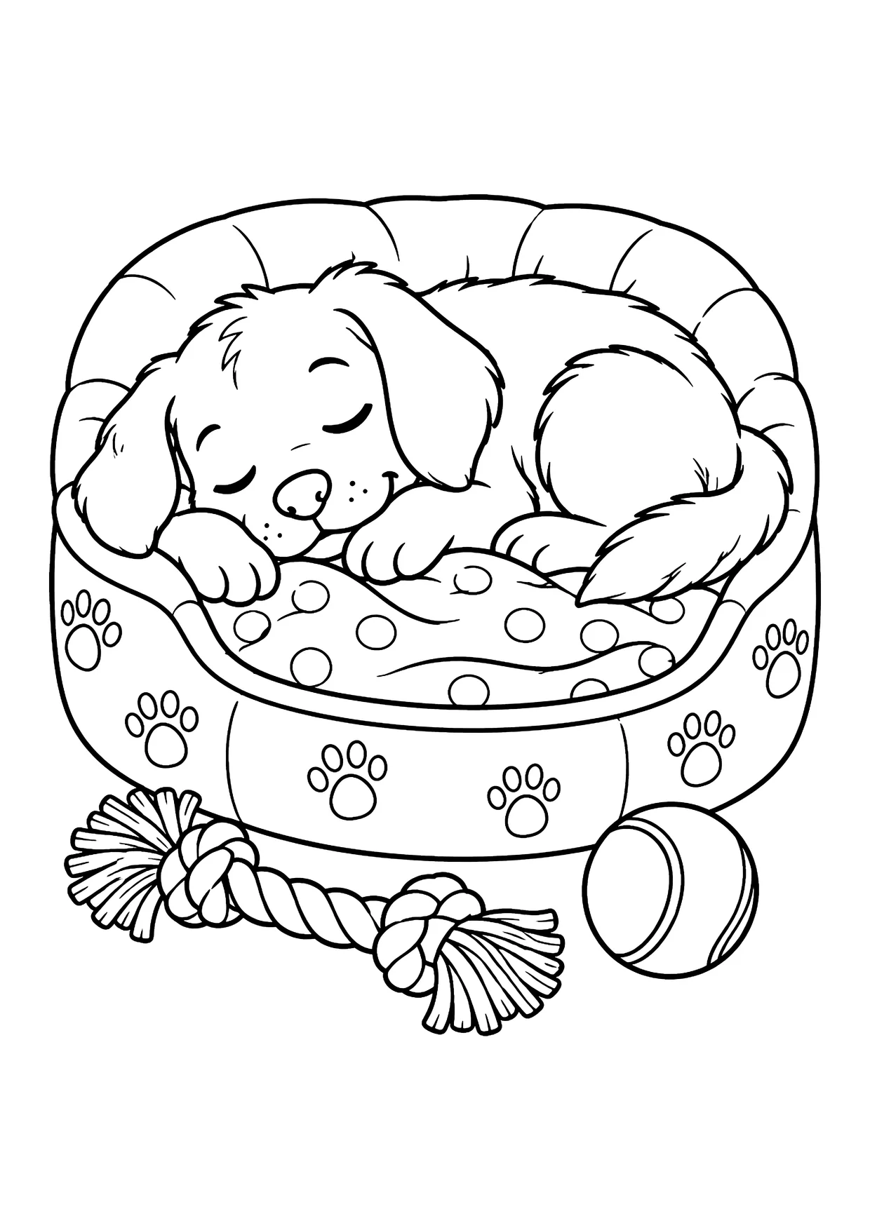 Ausmalbild: Schlafender Welpe zusammengerollt in einem Hundekörbchen mit Pfotenmuster, davor Knotenseil und Ball
