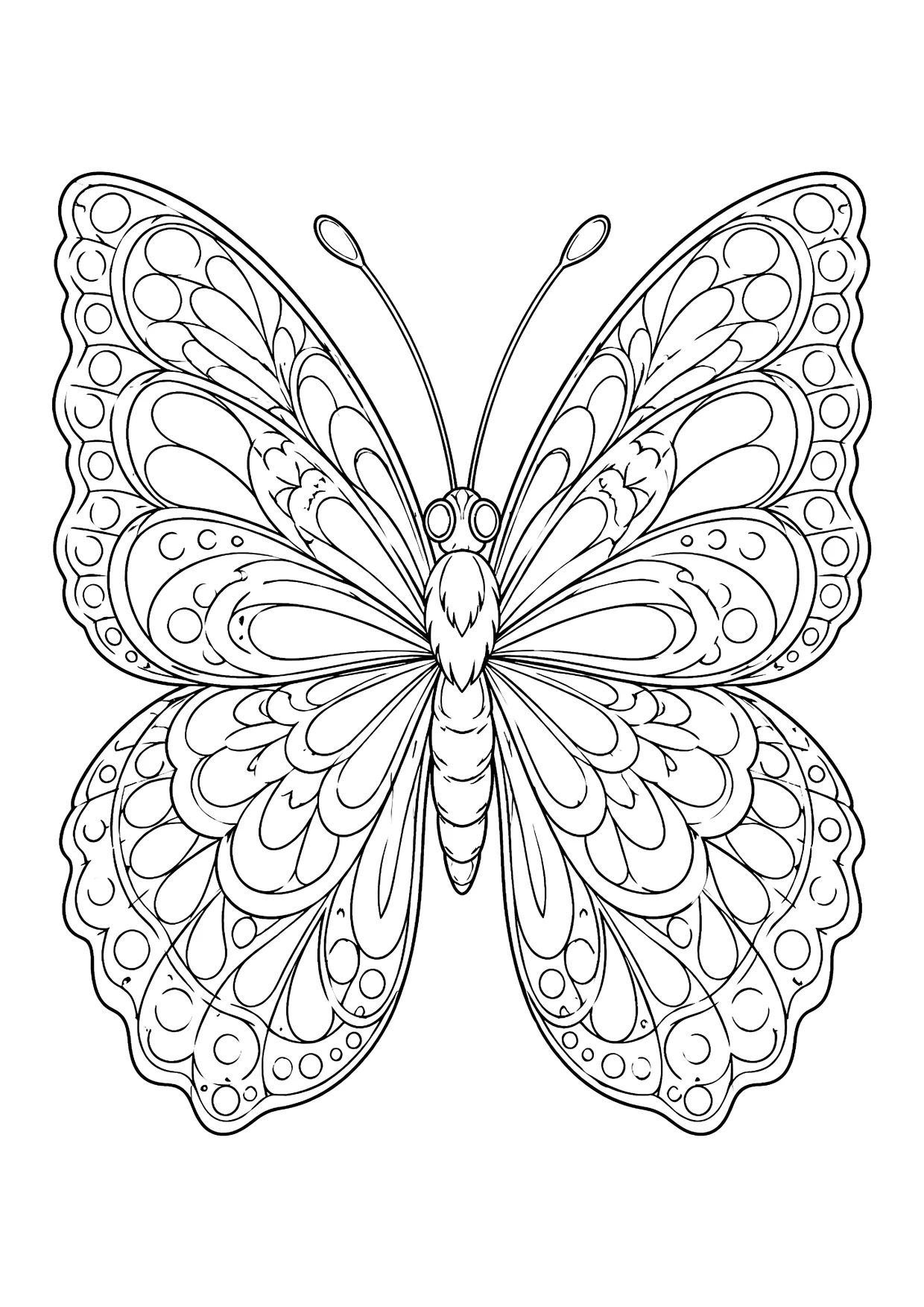 Ausmalbild: Schmetterling von oben mit filigranen Mustern aus Tropfen, Kreisen und Punkten auf allen vier Flügeln