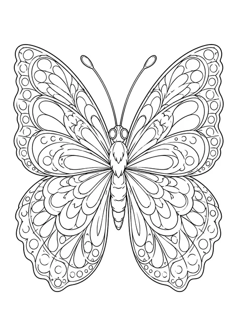 Ausmalbild: Schmetterling von oben mit filigranen Mustern aus Tropfen, Kreisen und Punkten auf allen vier Flügeln