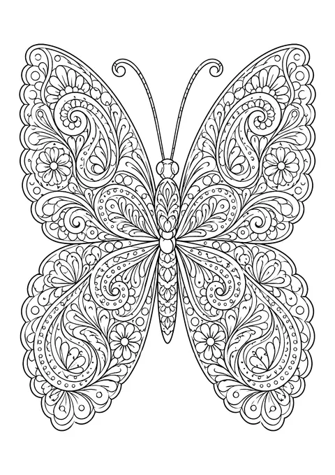 Ausmalbild: Schmetterling von oben, Flügel dicht gefüllt mit Paisley-Tropfen, Spiralen, Blüten und Punkten