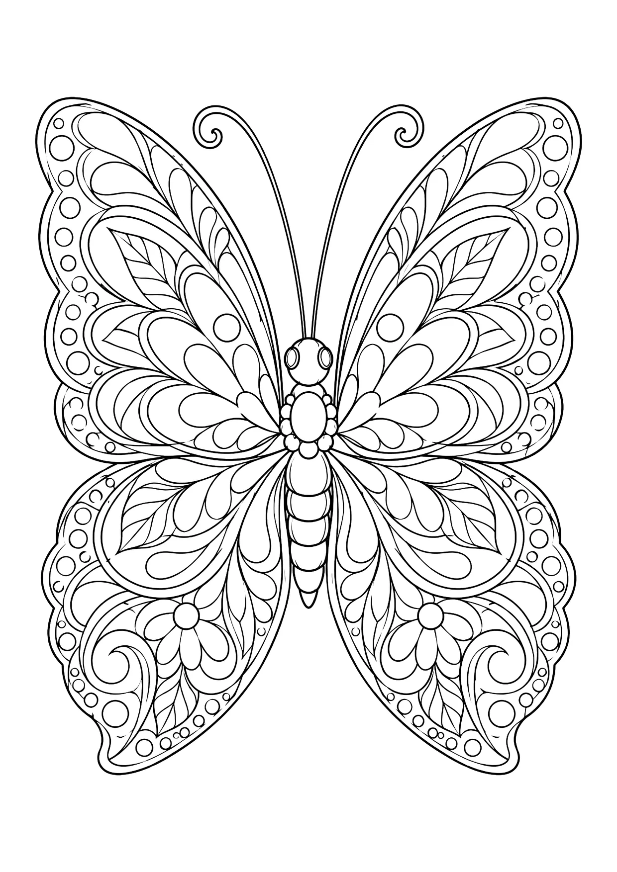 Ausmalbild: symmetrischer Schmetterling mit verzierten Flügeln aus Blüten, Blättern, Spiralen und Punkten
