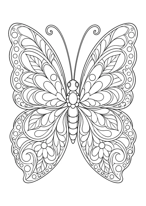 Ausmalbild: symmetrischer Schmetterling mit verzierten Flügeln aus Blüten, Blättern, Spiralen und Punkten