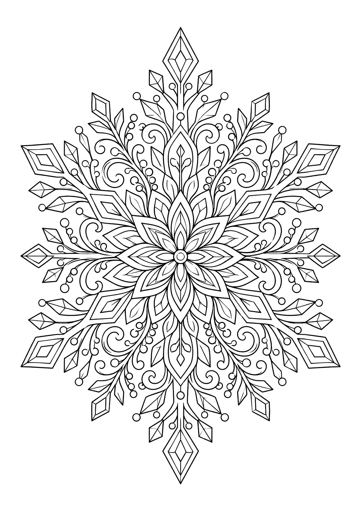 Ausmalbild: sechsstrahliges Schneeflocken-Mandala aus Blättern, Spiralen, Punkten und Rautenkristallen mit Blüte in der Mitte
