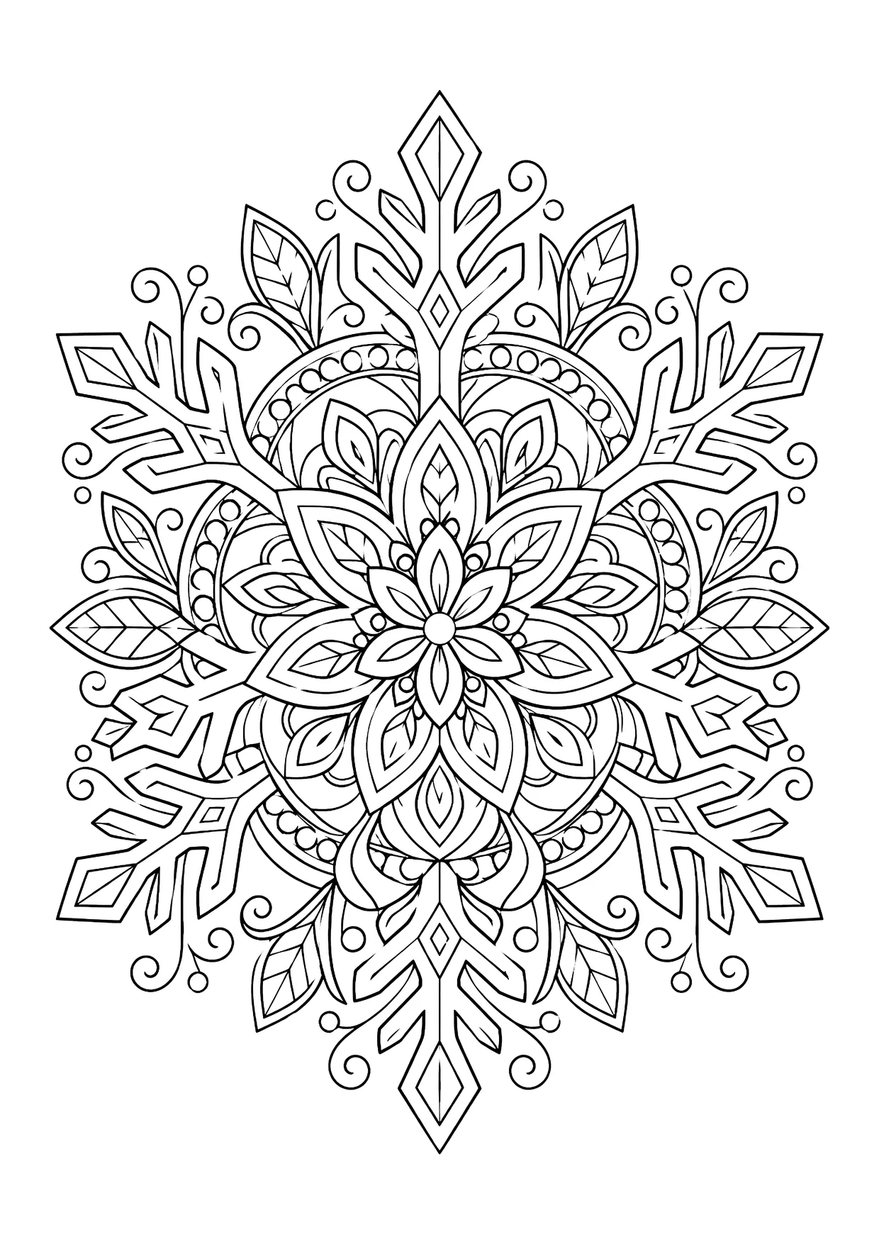 Ausmalbild: symmetrisches Schneeflocken-Mandala mit Blüte in der Mitte, Blättern, Eiszacken und Spiralen