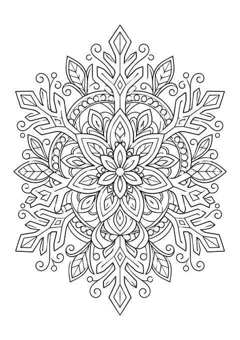 Ausmalbild: symmetrisches Schneeflocken-Mandala mit Blüte in der Mitte, Blättern, Eiszacken und Spiralen