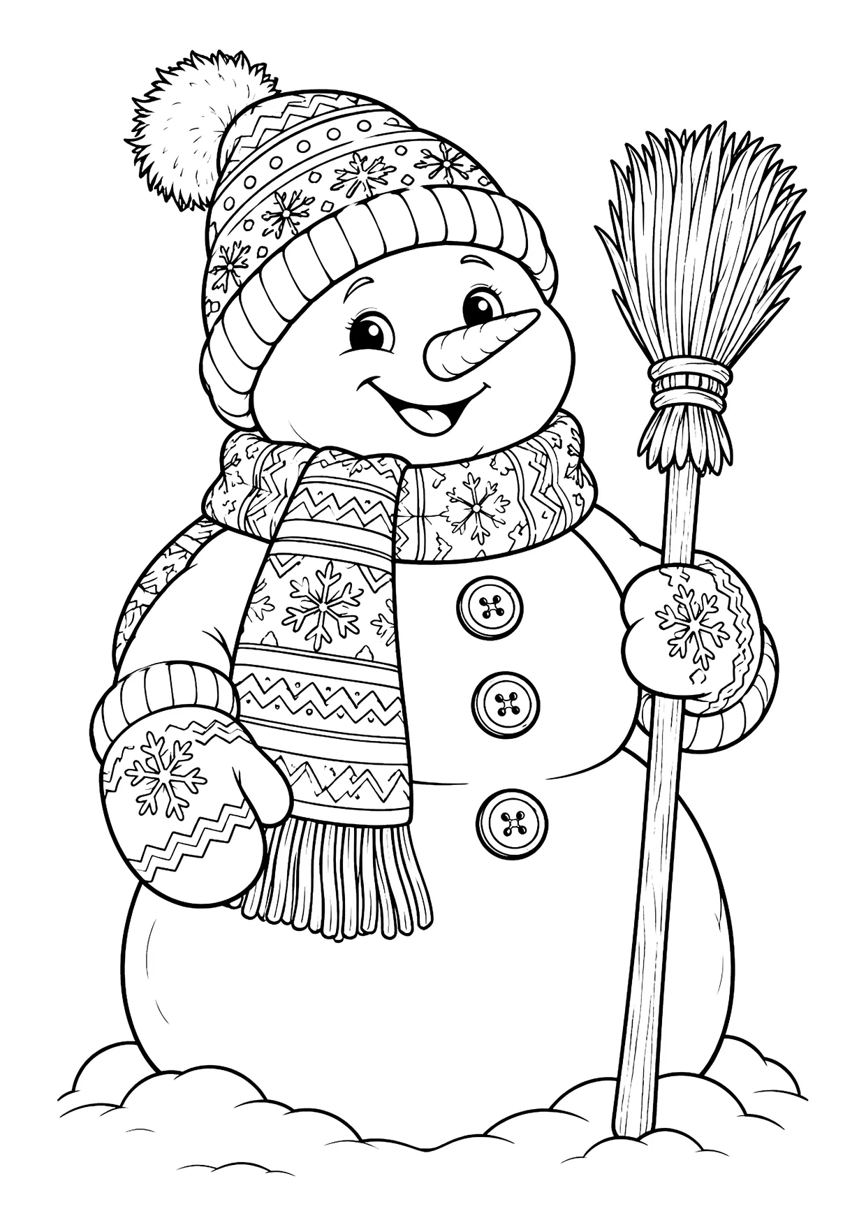 Ausmalbild: Schneemann mit Bommelmütze, gemustertem Schal, Fäustlingen, Karottennase, drei Knöpfen und Besen im Schnee