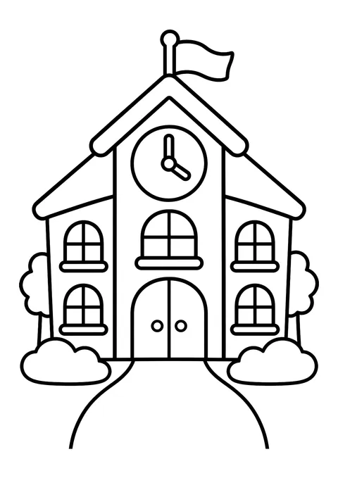 Ausmalbild: Schulhaus mit Giebeluhr, Fahne, sechs Bogenfenstern, Doppeltür, zwei Bäumen und Büschen auf einem Hügel