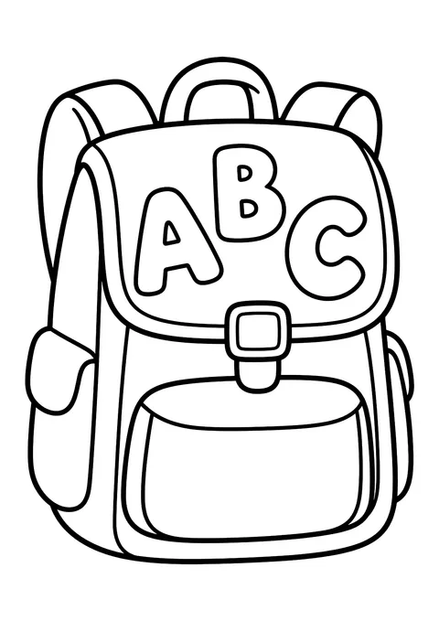 Ausmalbild: Schulranzen mit Deckel, Schnalle, Seitentasche und den Buchstaben A, B und C