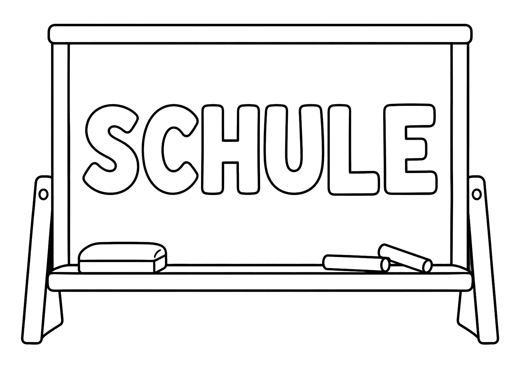 Ausmalbild: Schultafel auf Holzgestell mit dem Wort SCHULE, darunter Ablage mit Schwamm und zwei Kreiden