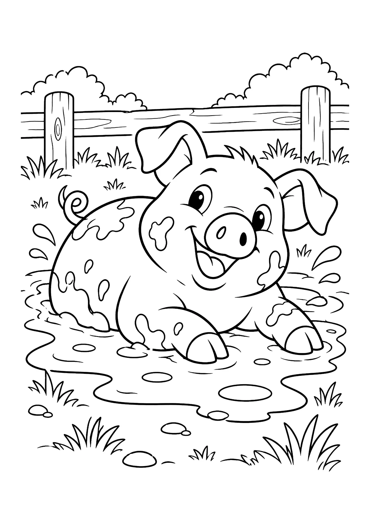 Ausmalbild: Lachendes Schwein mit Schlammflecken liegt in einer Pfütze vor einem Holzzaun mit Gras und Büschen.