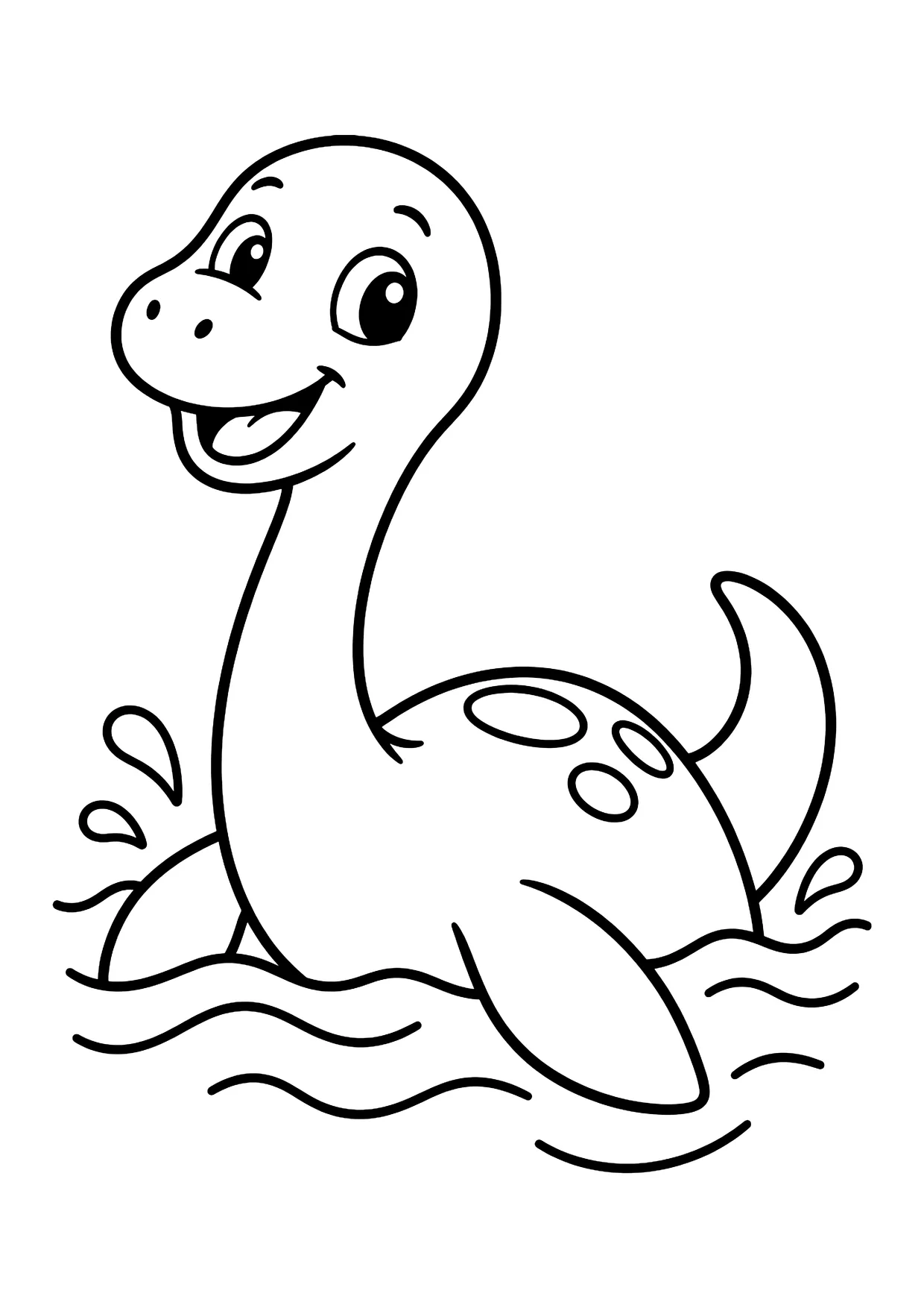 Ausmalbild: lächelnder Langhals-Dinosaurier schwimmt mit Flossen und Schwanz in Wellen, Wasserspritzer daneben