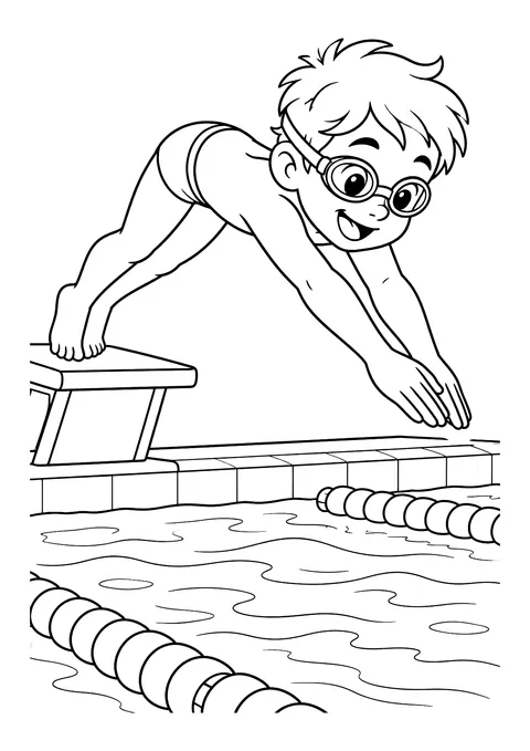 Ausmalbild: Junge mit Schwimmbrille springt vom Startblock über ein Schwimmbecken mit Bahnenleinen