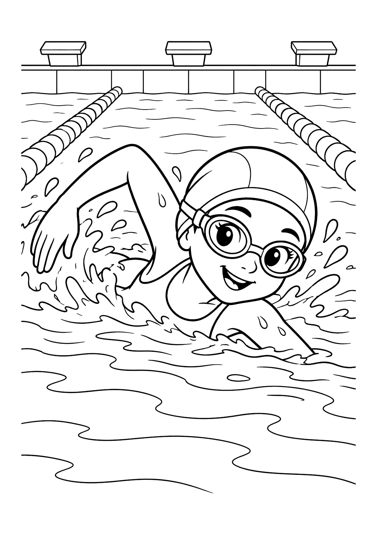 Ausmalbild: Mädchen mit Badekappe und Schwimmbrille schwimmt Kraul in einem Schwimmbecken mit Bahnenleinen und Startblöcken
