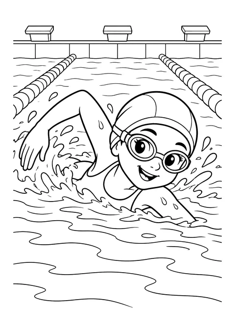 Ausmalbild: Mädchen mit Badekappe und Schwimmbrille schwimmt Kraul in einem Schwimmbecken mit Bahnenleinen und Startblöcken