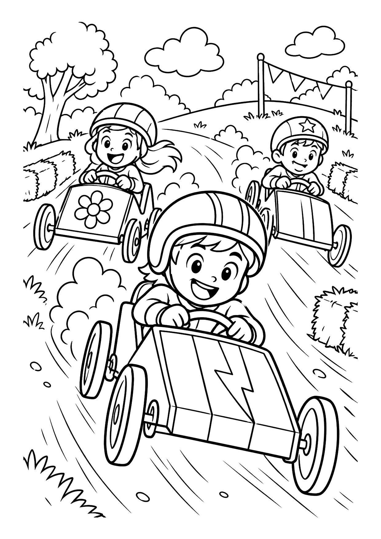 Ausmalbild: Drei Kinder fahren mit Helmen in Seifenkisten einen Hügel hinunter, daneben Strohballen und Wimpelkette